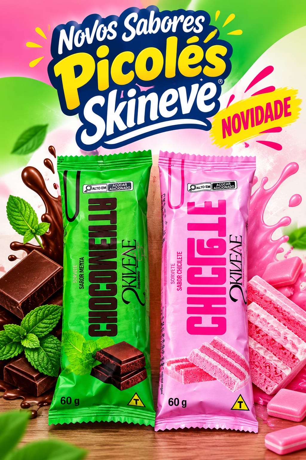 Sorvete de Picolés Chocomenta e Chiclete Ski Neve