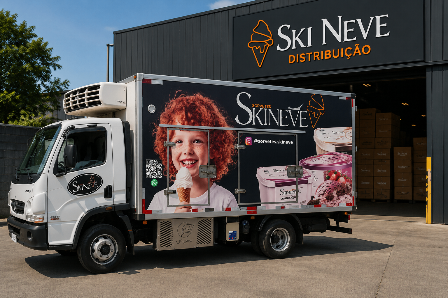 Equipe de distribuição Ski Neve com caminhão refrigerado